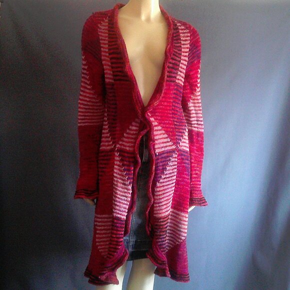 Anthropologie Sleeping on Snow Magenta Striped Patchwork Long Cardigan L - Picture 1 of 10